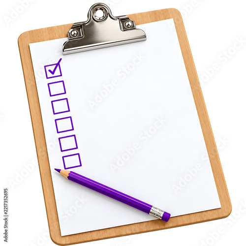 A Wooden Clipboard with Purple Checklist and Pencil Isolated on a White Background .