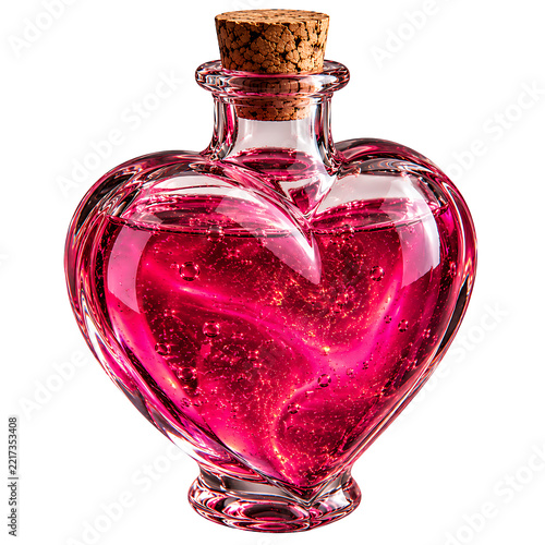 A Red Love Potion in Heart-Shaped Glass Bottle Isolated on a White Background 