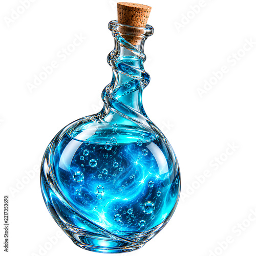 Teal Magic Potion in Round Glass Bottle with Twisted Neck on White Background . 