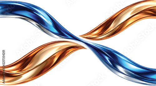 Crossing Cobalt Blue and Copper Orange Liquid Chrome Ribbons with Glossy Metallic Flow on Clean White Background