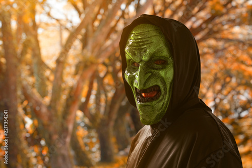 Portrait of scary witch on the forest, Halloween theme