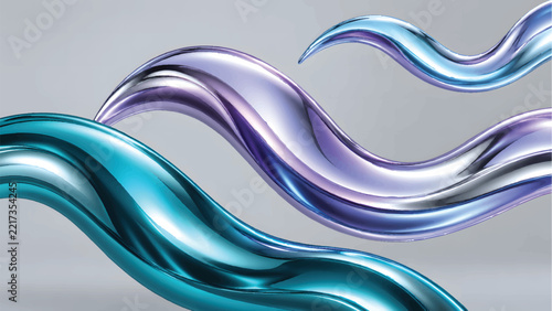 Layered Teal Lavender and Silver Liquid Chrome Waves with Flowing Metallic Ribbons on Soft Gray Background