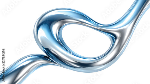 Silver Blue Liquid Chrome Loop Sculpture with Open Metallic Aperture and Flowing Curves on Clean Light Background