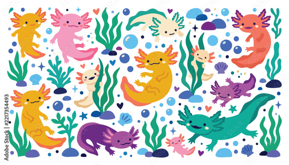 Fototapeta premium Cute Axolotl Clipart Set – Colorful Kawaii Salamanders, Underwater Seaweed, Bubbles & Shells Vector Illustration