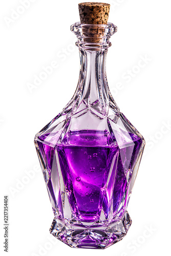 A Purple Potion in Faceted Glass Bottle with Cork Isolated on a White Background.
