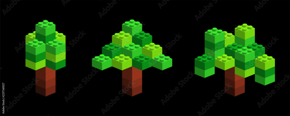 Naklejka premium Realistic isometric 3D trees made by plastic blocks isolated. Pixel brick Christmas tree. Vector illustration png