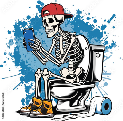 Skeleton wearing a red baseball cap and yellow sneakers sitting on a toilet seat while looking at a smartphone screen with blue paint splatters and toilet paper roll.