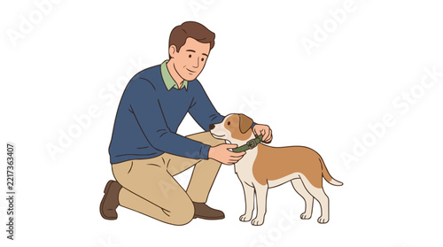 Man kneeling down to pet a friendly brown and white dog wearing a green collar outdoors.