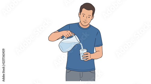 Man pouring water from a glass pitcher into a transparent drinking glass against a plain white background.
