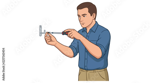 Man using a screwdriver to tighten a screw while assembling furniture or installing a wall fixture.