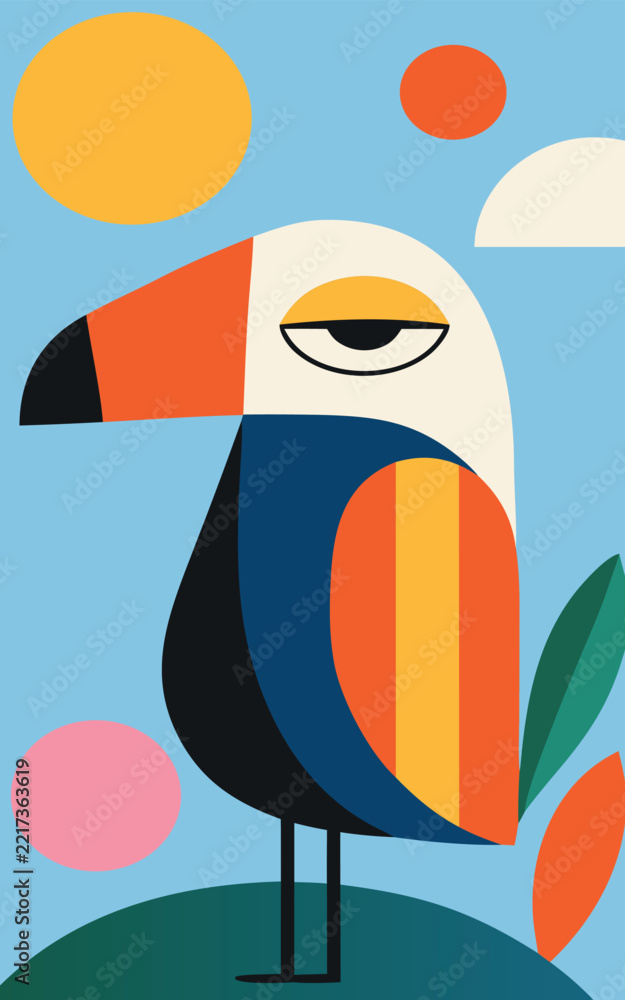 Fototapeta premium Stylized Minimalist Tropical Toucan Art Print Featuring Colorful Shapes and Foliage