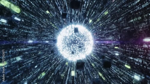 Digital Data Tunnel with Binary Code and Abstract 3D Glowing Sphere Technology