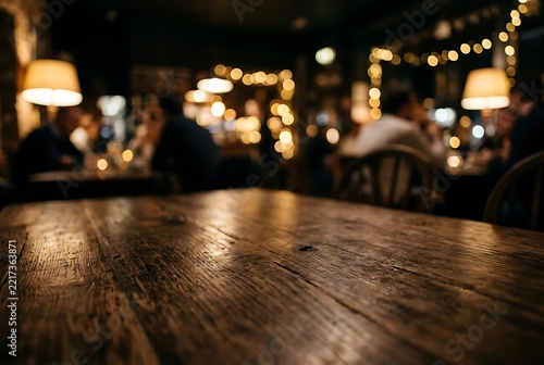 Rustic Wooden Table in Cozy Blurred Restaurant Bar with Warm Bokeh Lights.