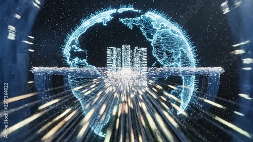 Abstract Digital Earth Globe with Glowing Data Streams and Futuristic Cityscape