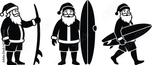 Surfing Santa Claus Silhouette Collection with Surfboard and Beach Holiday Characters