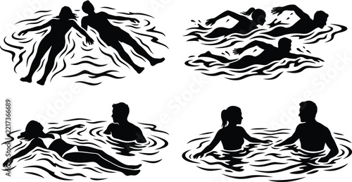 Swimming People Silhouette Collection with Recreational Swimmers and Water Activity Figures
