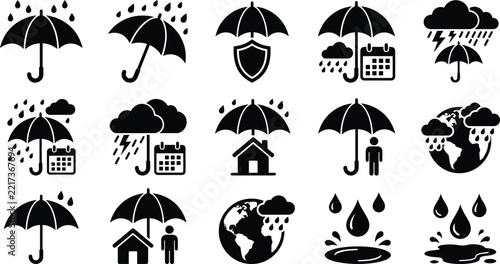 Umbrella and Rain Weather Icons Set with Protection, Forecast, Home, Calendar, Person, Globe, and Water Splash Symbols