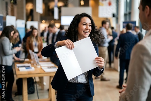 Smiling businesswoman presenting blank brochure mockup at busy conference event.