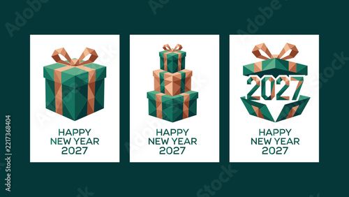 Luxury Gift Boxes Happy New Year 2027 Christmas Greeting Card Vector Set