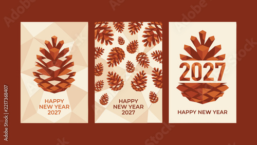 Botanical Pine Cone Happy New Year 2027 Christmas Greeting Card Vector Set