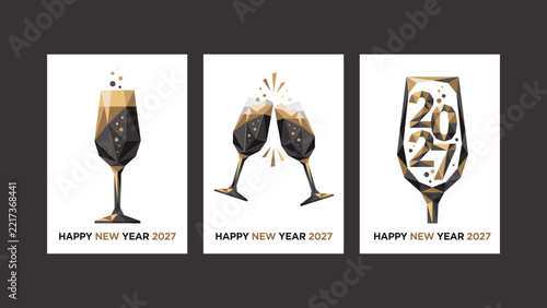 Elegant Champagne Glasses Happy New Year 2027 Celebration Greeting Card Vector Set
