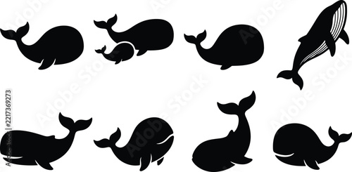 Whale Silhouette Collection Vector Set with Multiple Sea Mammal Shapes