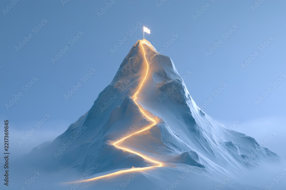 Naklejka premium A snowy mountain peak with a winding glowing path leading to a white flag at the summit, set against a clear blue sky.