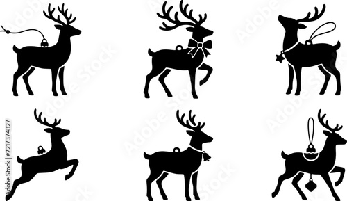 A collection of six black silhouette illustrations featuring various reindeer poses for festive holiday season graphic design projects