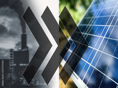 Visual concept of energy transition. A smoking factory on the left represents old power, contrasting with a clean solar panel on the right.