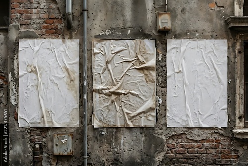 Three blank wrinkled posters glued on old weathered urban wall mockup.