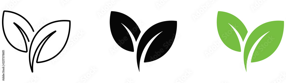 Fototapeta premium Leaf sprout icon vector set, green leaves plant eco logo symbol simple graphic illustration set, vegan fresh herb pictogram shape sign, organic natural healthy logotype png