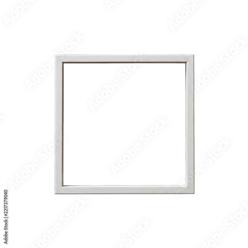 Minimalist square white photo frame standing isolated against a clean plain background.