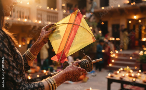 Young Indian woman holding traditional kite and spool during cultural celebration