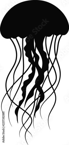 Jellyfish Silhouette with Long Flowing Tentacles Isolated Marine Vector Illustration