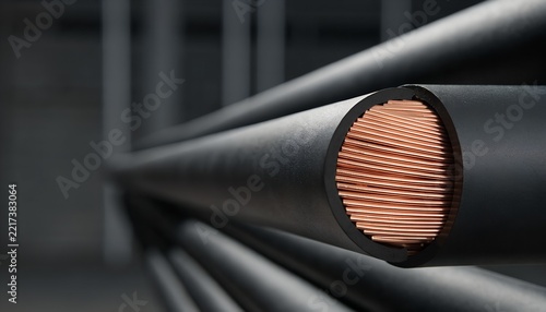 Close Up Perspective View of Heavy Duty Electric Cable with Exposed Copper Wires