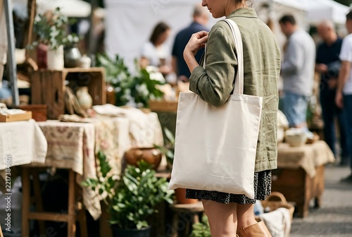 Woman Holding Blank White Canvas Tote Bag at Outdoor Artisan Market Mockup.