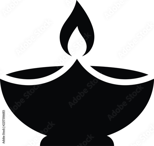 Traditional Oil Lamp Silhouette Icon with Flame Isolated Vector Illustration