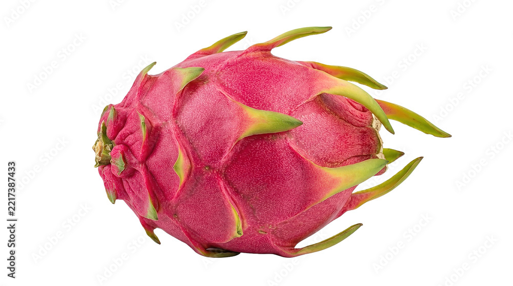 Naklejka premium Vibrant pink dragon fruit with green scales on white background