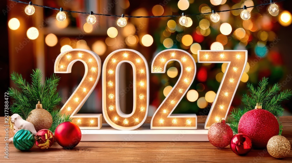 Fototapeta premium Illuminated marquee numbers 2027 surrounded by festive ornaments and pine branches on wooden surface with golden bokeh background holiday decoration