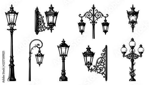 Vintage street lamps illustration set with simple line art design featuring outline, illustration, graphic elements with clean design and vector art