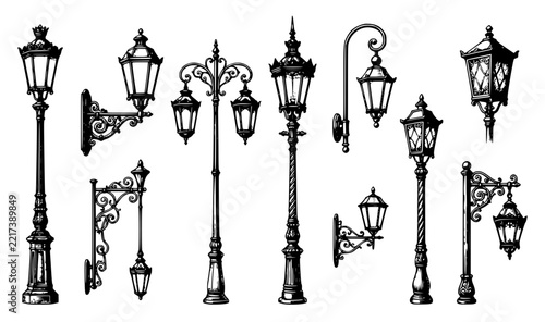 Vintage street lamps vector illu… set with simple line art design featuring outline, illustration, graphic elements with clean design and vector art
