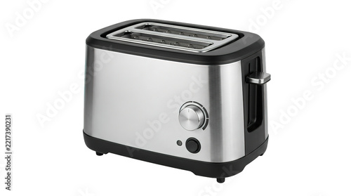 Modern stainless steel toaster with two slots on white background