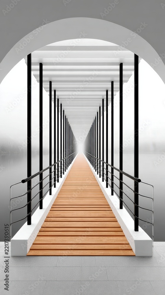 Fototapeta premium Long wooden footbridge with black steel railings extending into dense morning fog under white arched canopy, vanishing point perspective