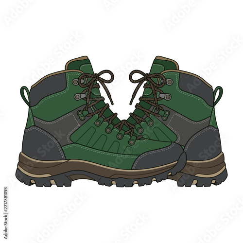 Outdoor hiking boots with rugged tread design.