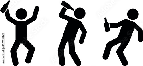 Drunk man stick figure silhouette set showing alcohol drinking partying and stumbling actions on white