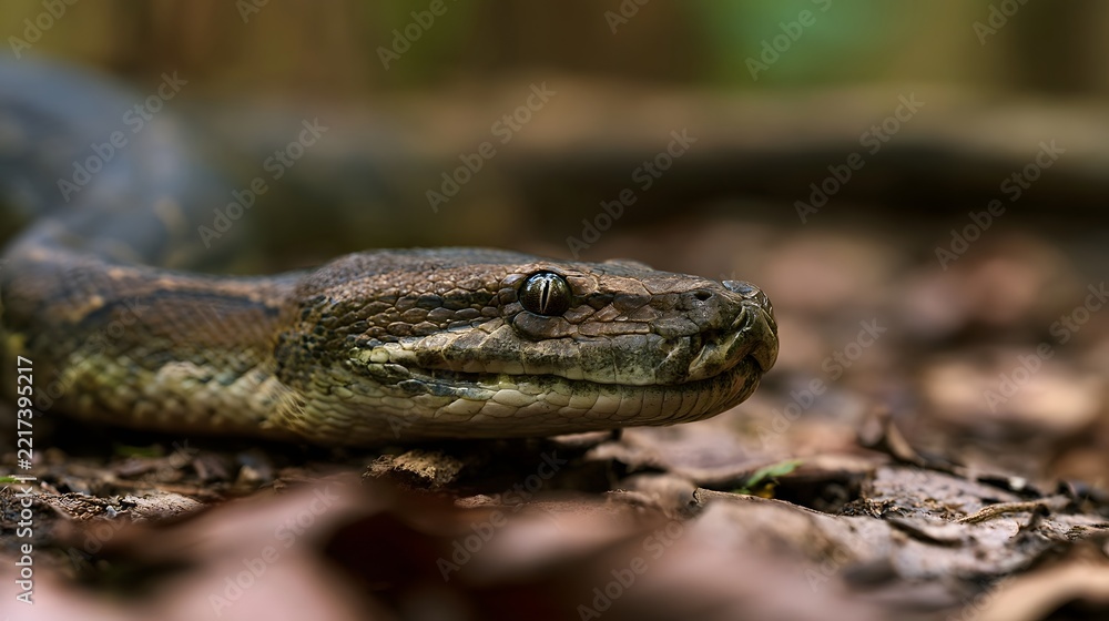 Obraz premium Close up of a python resting on forest floor with detailed scales and focused eye among fallen leaves