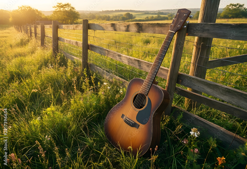 Naklejka premium Folk music and acoustic lifestyle, vintage guitar leaning on a rustic wooden fence in a peaceful meadow during golden hour sunset in the countryside
