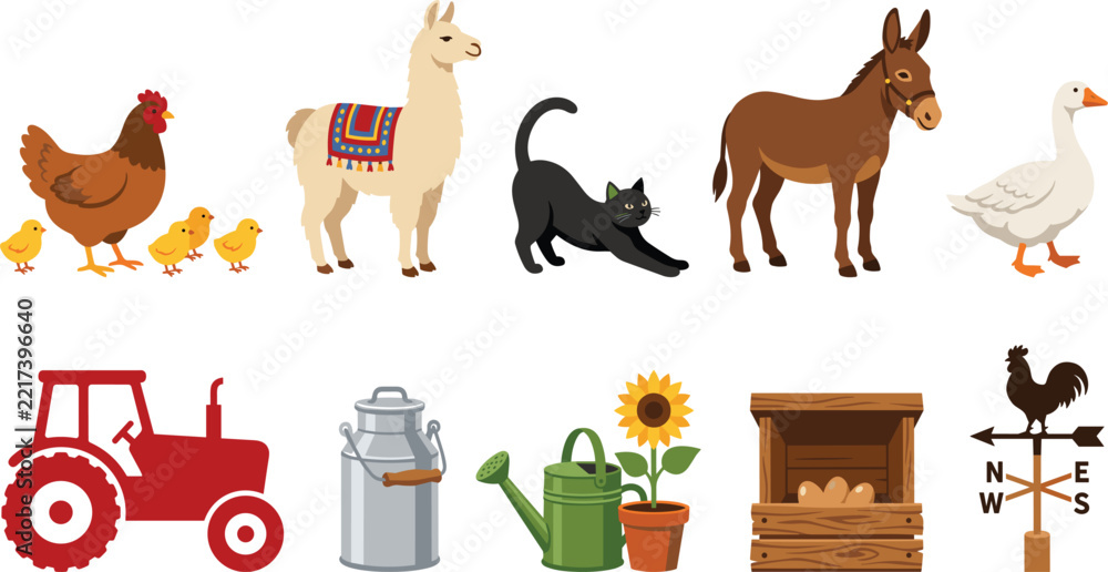 Fototapeta premium Cute Cartoon Farm Animals Livestock and Countryside Agriculture Equipment Flat Vector Clipart Icon Set