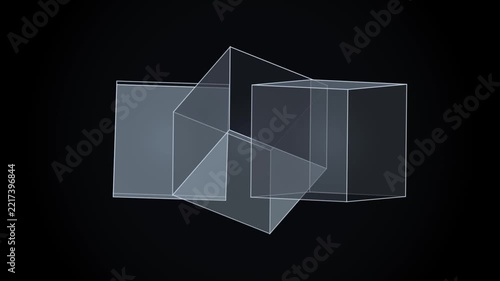 Three translucent metallic cubes floating and rotating in a dark studio