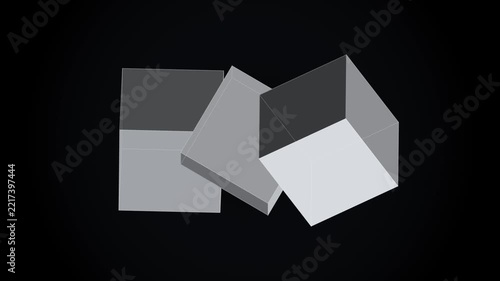 Minimalist metallic cubes arranged and rotating under soft studio light